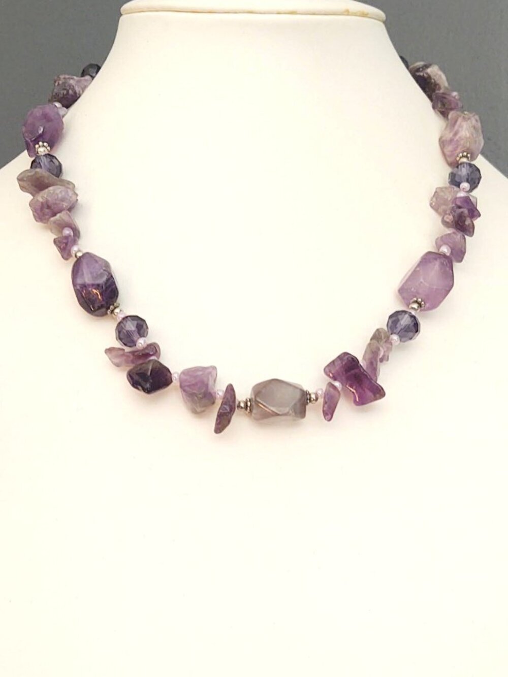 Natural purple stone beaded necklace with accent purple and silver beads